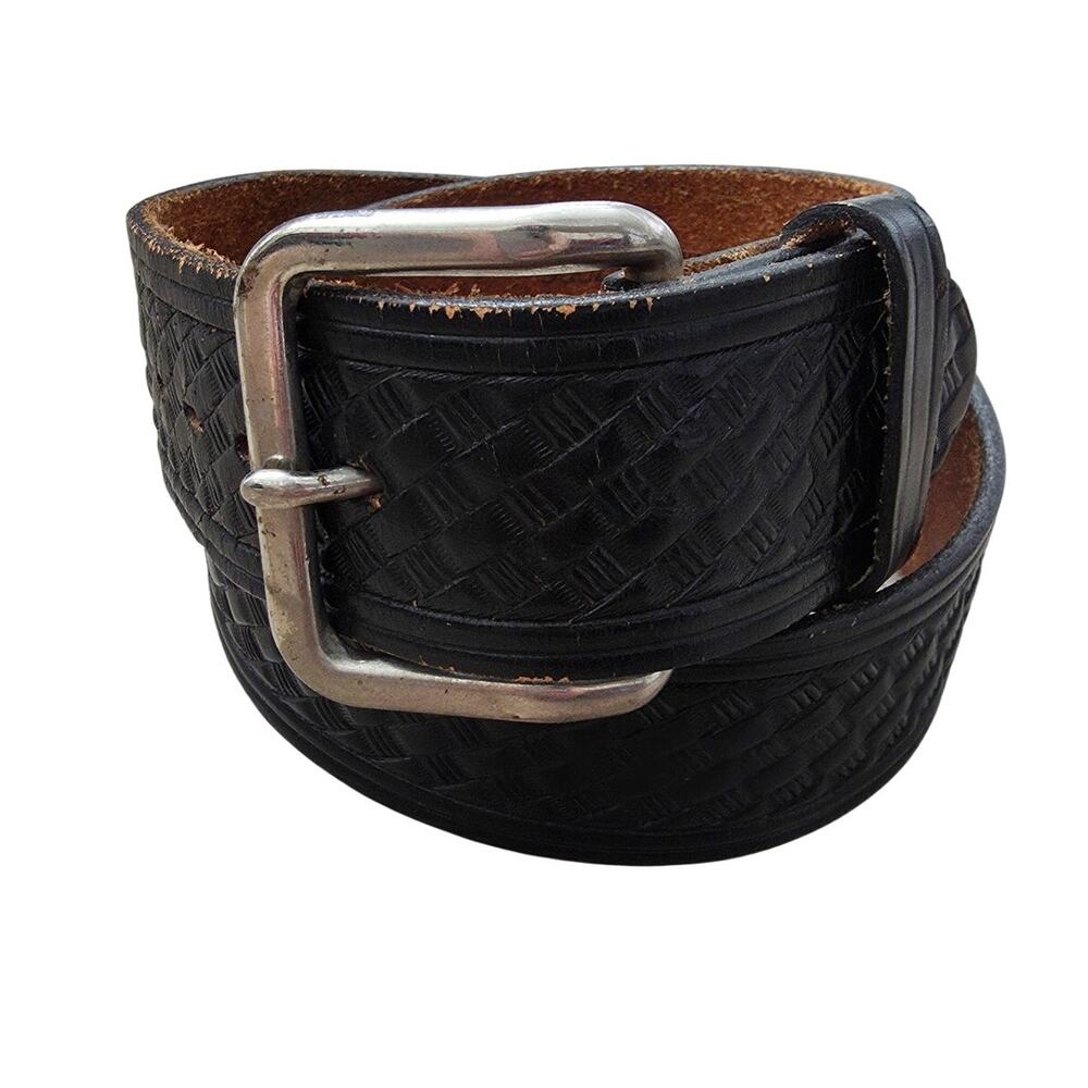 Vintage Chambers Phoenix Black Embossed Leather Belt Faux Woven sz 30 Retro